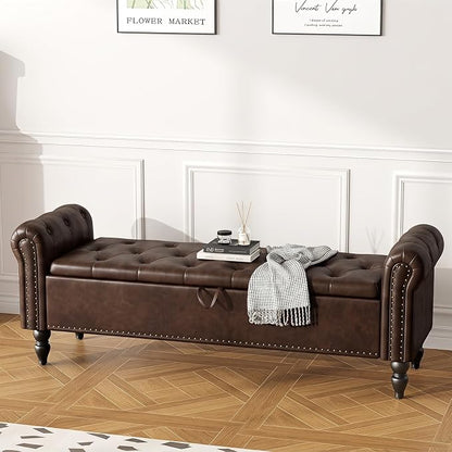 Furniliving 63” End of Bed Storage Bench, Bedroom Bench with Button-Tufted, Upholstered Storage Ottoman Benches Window Bench with Storage, Leather Bench for Living Room, Entryway, PU, BlackBrown