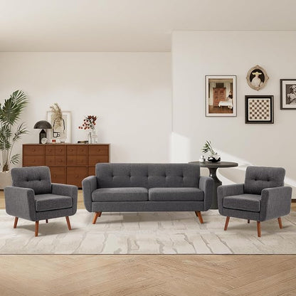 Tbfit Accent Chair, Reading Chair for Living Room & Bedroom, Mid Century Modern Arm Chair, Button Tufted Upholstered Accent Chairs Sofa with Solid Wood Frame, Grey