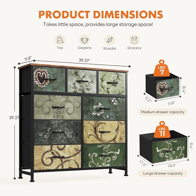 DUMOS 9 Drawer Dresser for Bedroom, Storage Organizer Chest of Drawers | Fabric Bins Storage Tower with Sturdy Metal Frame, Wood Tabletop for Closet, Vintage
