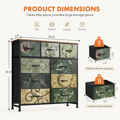 DUMOS 9 Drawer Dresser for Bedroom, Storage Organizer Chest of Drawers | Fabric Bins Storage Tower with Sturdy Metal Frame, Wood Tabletop for Closet, Vintage