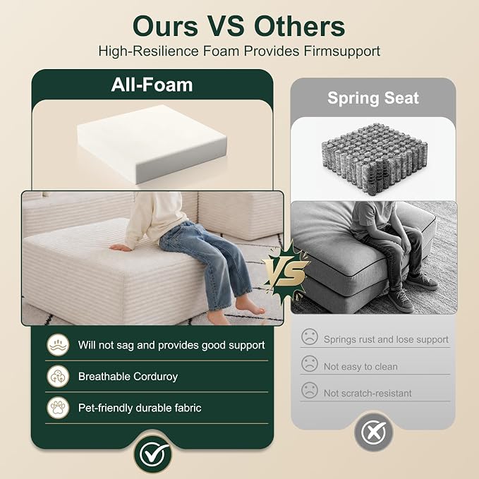 103" Modular Sectional Sofa, Comfort U Shaped Boneless Couch for Living Room, Extra Deep Seats No Assembly, Corduroy (White, 3 Seater + 2 Ottomans）