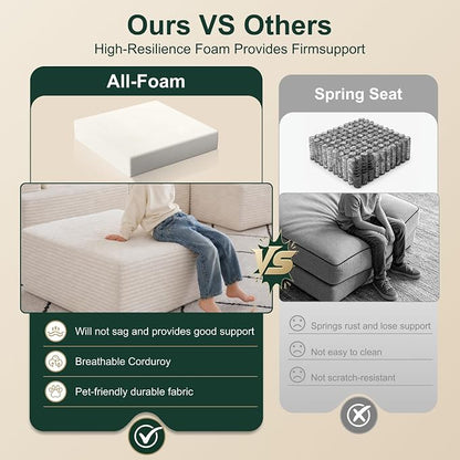 103" Modular Sectional Sofa, Comfort U Shaped Boneless Couch for Living Room, Extra Deep Seats No Assembly, Corduroy (White, 3 Seater + 2 Ottomans）