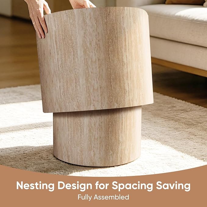 Nesting Round Coffee Table Set of 2, Circle Accent End Table for Small Spaces, Morden Drum Side Table, Wooden Center Table for Living Room, Fully Assembled - Beige