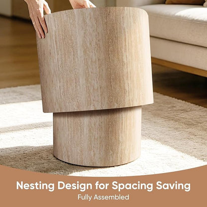 Nesting Round Coffee Table Set of 2, Circle Accent End Table for Small Spaces, Morden Drum Side Table, Wooden Center Table for Living Room, Fully Assembled - Beige
