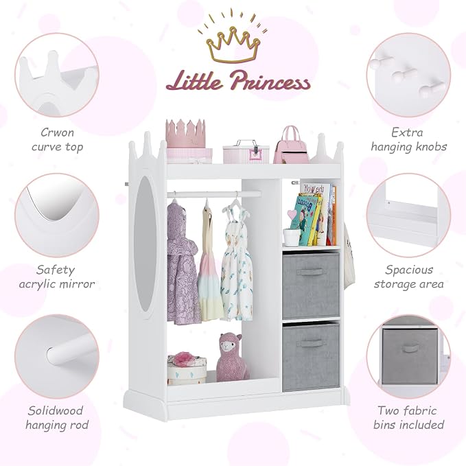 UTEX Kids Dress up Storage with Crown-Shaped Design and 2 Fabric Bins | See and Store Kids Wardrobe, Toddler Dress Up Rack, Open Hanging Armoire Closet, Water-based Paint, Princess Style