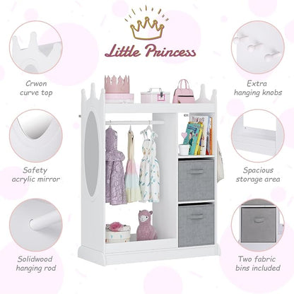 UTEX Kids Dress up Storage with Crown-Shaped Design and 2 Fabric Bins | See and Store Kids Wardrobe, Toddler Dress Up Rack, Open Hanging Armoire Closet, Water-based Paint, Princess Style