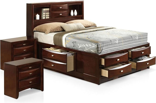 Furniture of America Darius Transitional Solid Wood 3-Piece Queen Platform Bedroom Set with Drawers, Bookcase Headboard and Knob Pulls, Mattress Ready, Dark Cherry