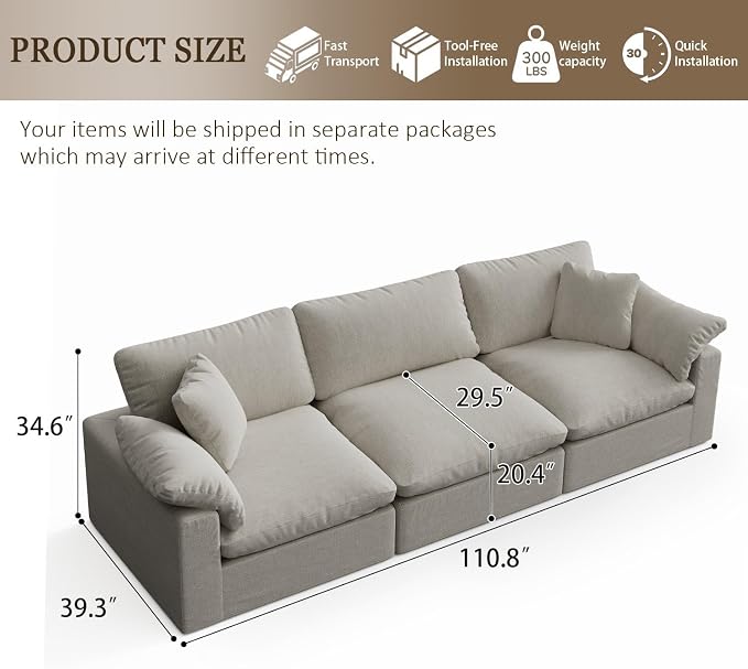 L-Shaped Modular Cloud Sectional Sofa, 2-Seater with Chaise,Modern Down Filled Detachable Couch for Living Room, Office & Small Apartment,Light Beige