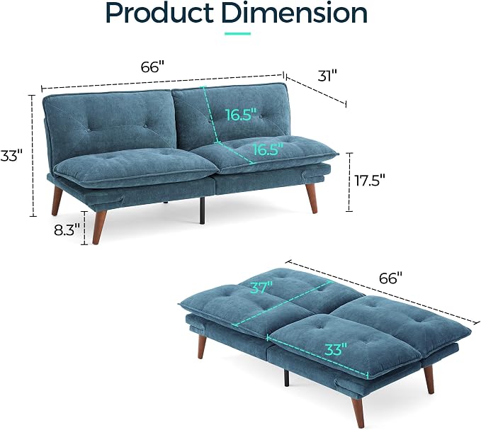 LINSY HOME Futon Sofa Bed, 70" Chenille Futon Couch with Adjustable Backrest Armrest, 3 in 1 Convertible Comfy Loveseat Sleeper Sofa Bed for Small Spaces Dorm Room Apartment Home Office（Blue）