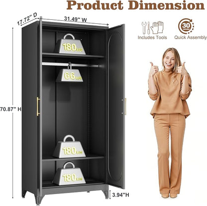 71" Arched Black Metal Wardrobe Closet with Full-Length Mirror, French Elegance Steel Armoire Clothes Storage Cabinet with Hanging Rod & Adjustable Shelves for Bedroom Home Office, 18" Deep