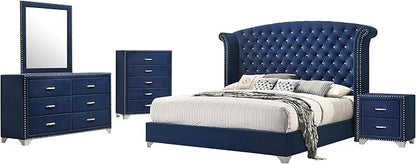 Coaster Home Furnishings Melody Modern Classic 5-Piece Bedroom Set Velvet Upholstered Queen Size Wingback Bed Frame 66-inch Headboard Pacific Blue 223371Q-S5