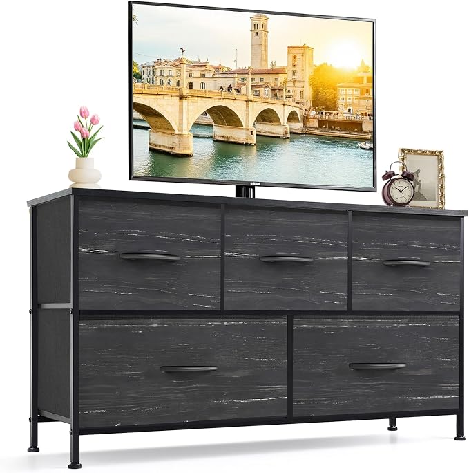 5-Drawer Dresser for Bedroom, Anti-Tip Wide Storage Organizer Fabric Chest of Drawers TV Stand for 45" TV with Wooden Top and Metal Frame for Closet, Living Room, Hallway, Entryway, Charcoal Black