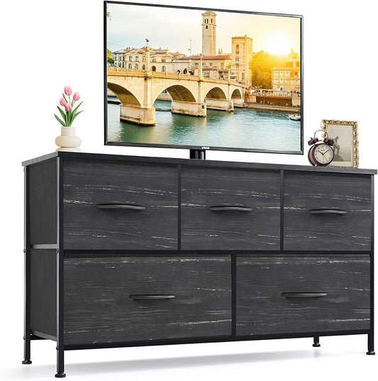 5-Drawer Dresser for Bedroom, Anti-Tip Wide Storage Organizer Fabric Chest of Drawers TV Stand for 45" TV with Wooden Top and Metal Frame for Closet, Living Room, Hallway, Entryway, Charcoal Black