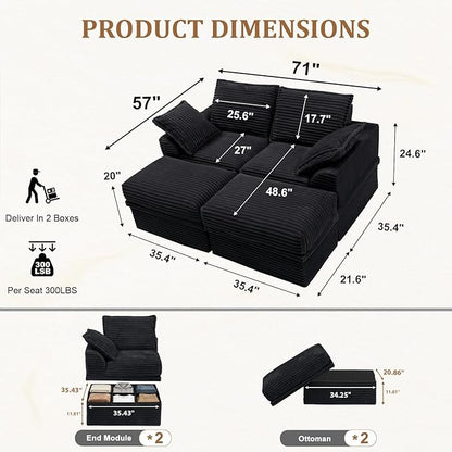 Upgrade Boneless Couch with Storage, Extra Deep&High Seat Modular Sectional Sofa 2 Seater Loveseat Sofa with Ottoman, Tool-Free Assembly Sectional Couches for Living Room Bedroom Apartment