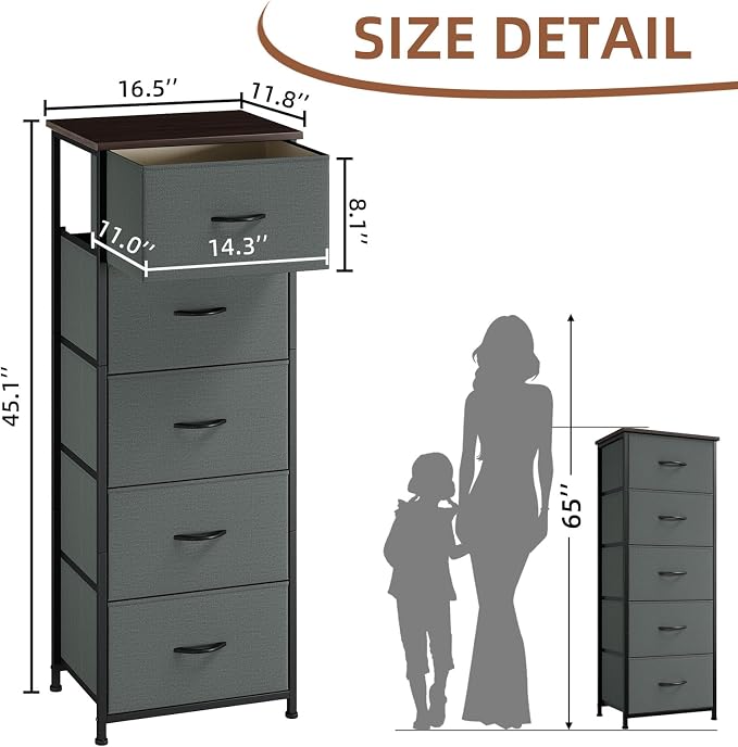 Somdot Tall Dresser for Bedroom with 5 Drawers, Storage Organizer Chest of Drawers with Removable Fabric Bins for Closet Bedside Living Room Laundry Entryway Hallway, Charcoal Grey