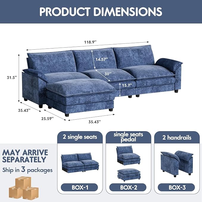Homall 119" Modular Sectional Sofa, L Shaped Sofa Couch with Reversible Ottoman, DIY Combination Chenille Deep 3-Seat Cloud Couch for Living Room, Apartment (Dark Blue, L Shaped Sofa)