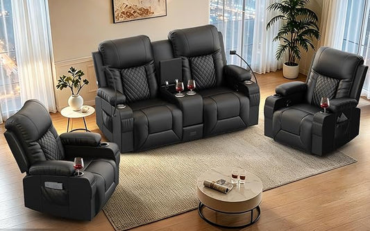 Recliner Sofa Set, Loveseat Recliner Couch and 2 PCS Recliner Chair with Heat & Massage, Home Theater Seating with Console, Drawer, USB Ports & Phone Holders, Reclining Loveseat for Theater