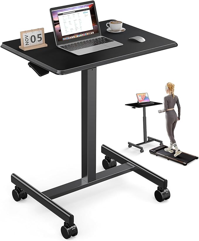 DUMOS Mobile Rolling Desk with Wheels Adjustable Height Small Standing Desks Portable Laptop PC Table Computer Workstation for Home Office Small Space Modern Black