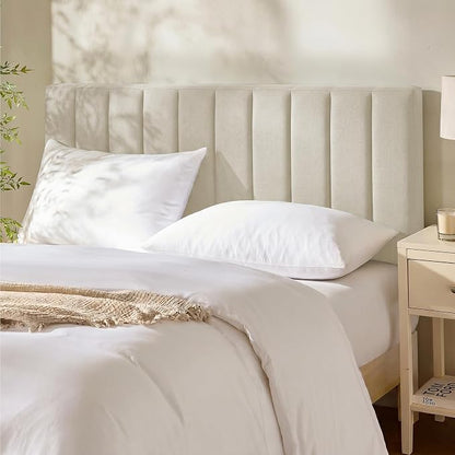 Hearth & Harbor Wall Mounted Full Headboard Only, Bed Headboard Full Size | Easy Assemble, Floating Peel and Stick, Upholstered, Channel Stitched, 3D Wall Panels, 5 Strips of 3M Tape Included, Linen