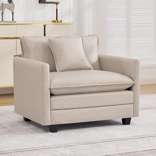 WUTUTUEE 41'' Modern Leather Oversized Chair, Upholstered Accent Living Room Chair with Extra Thicked Deep Seat, Single Lounge Chair for Bedroom, Small Apartment, Leather Beige