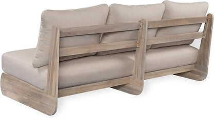 Merax Outdoor Acacia Wood Sofa with All-Weather Cushions, Patio Low 3-Seater Lounge Sofa for Porch, Lawn, Backyard, Balcony, Antique Gray White +Off White