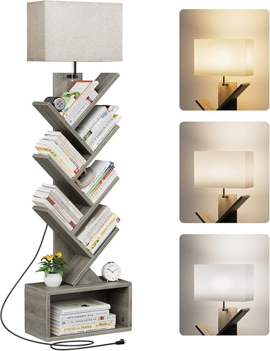 Evermagin 6 Tier Tree Bookshelf with Light, Narrow Bookcase Tower, Tall Floor Standing Book Shelf Organizer with Storage Cabinet for Living Room, Bedroom and Home Office, Gray
