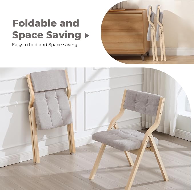 6-Pack Folding Dining Chairs with Cushion,Padded Foldable Dining Chairs,Portable Wooden Folding Chairs with Tufted Buttons Seat for Dining Rooms Kitchen Wedding and Party Indoor Lightgrey