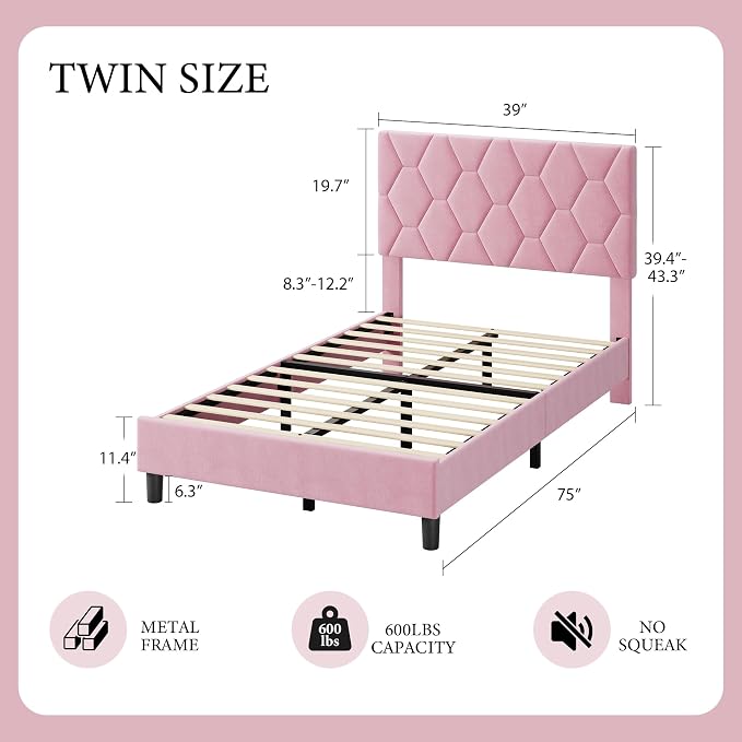GAOMON Pink Twin Bed Frame with Upholstered Headboard, Heavy-Duty Platform Bed Frame with Strong Wood Slats, No Box Spring Needed/Noise Free/Easy Assembly