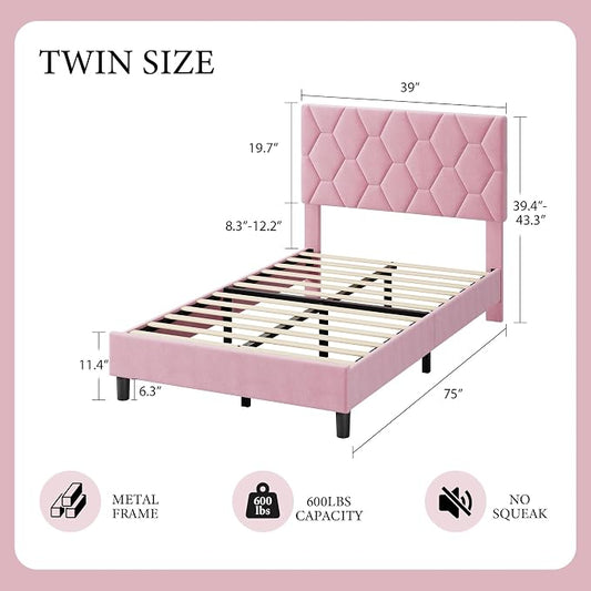 GAOMON Pink Twin Bed Frame with Upholstered Headboard, Heavy-Duty Platform Bed Frame with Strong Wood Slats, No Box Spring Needed/Noise Free/Easy Assembly