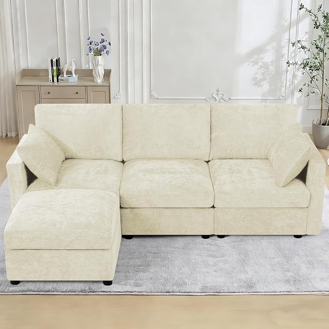 84” Chenille 3-Seats Sofa W/Movable Ottoman, Beige | Modern Fabric L-Shaped Couch w/Soft Backrests, Upholstered Sectional Sofa w/Arm Pillows for Living Room