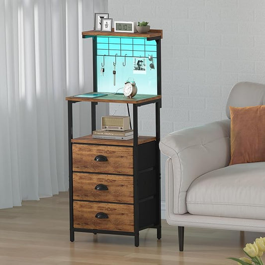 sthmec Tall Nightstands with Charging Station, LED Night Stand Bedsides with 3 Fabric Drawers,Hooks,USB Port and Open Storage Shelves,Tall End Table Bedside Tables for Bedroom,Office, Rustic Brown
