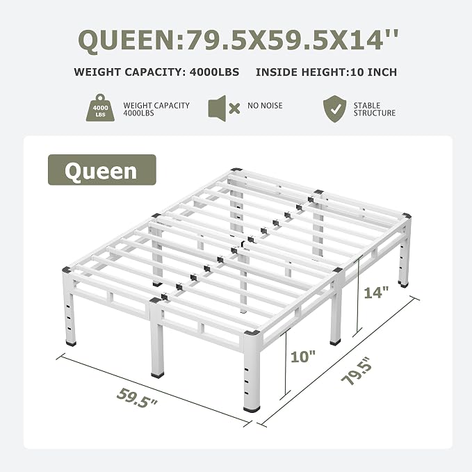 NKZ Queen Size Bed Frame 14 Inch, Metal Bed Frame & Box Spring 2 in 1 Platform with Round Corner Legs, 4000lbs Weight Capacity Reinforced Metal Frame, Headboard Hole, Noise-Free, Easy Assembly