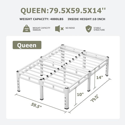 NKZ Queen Size Bed Frame 14 Inch, Metal Bed Frame & Box Spring 2 in 1 Platform with Round Corner Legs, 4000lbs Weight Capacity Reinforced Metal Frame, Headboard Hole, Noise-Free, Easy Assembly