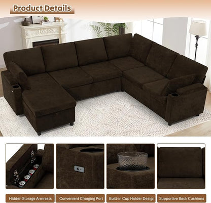 110" Chenille Sectional Sofa w/Pull Out Bed & Storage Chaise, Brown | Reversible U Shape Sofa w/Storage Armrests & Cup Holders, Corner Couch w/USB Charging Port & Throw Pillows for Living Room