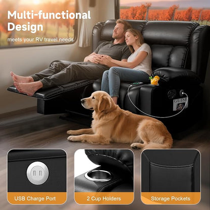 RV Loveseat Recliner Sofa, Wall Hugger Reclining Loveseat RV Couch with USB Ports, Large Pockets, Cup Holders, 150° Adjustable RV Recliners Furniture for Travel Trailers & Home Theater Seating
