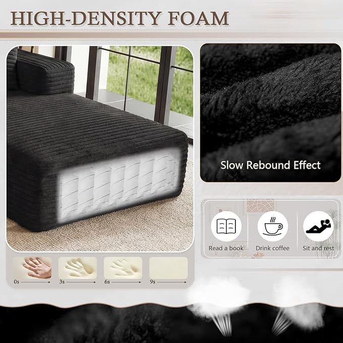 95" Cloud Sectional Couch U-Shaped Chaise with Ottoman, Corduroy Boneless Couch for Living Room Bedroom, Deep-Seat Upholstered Modular Cloud Sofa, No Assembly Required (Black, Right Facing Chaise)