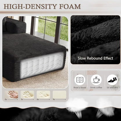 95" Cloud Sectional Couch U-Shaped Chaise with Ottoman, Corduroy Boneless Couch for Living Room Bedroom, Deep-Seat Upholstered Modular Cloud Sofa, No Assembly Required (Black, Right Facing Chaise)