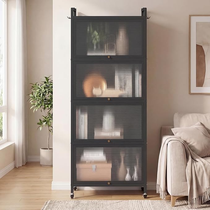 Giantex 5-Tier Kitchen Storage Cabinet, Freestanding Metal Pantry Cabinet w/ 4 Flip-up PC Doors, 4 Hooks & Adjustable Feet, 60” Tall Bakers Rack Microwave Stand for Dining Room, Living Room, Black