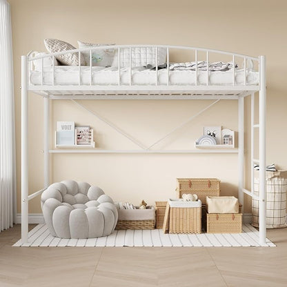 GarveeHome Loft Bed Twin Size, Heavy Duty Metal Loft Bed Frame with Arched Guardrail and Safety Ladder, Space-Saving, No Box Spring Needed, Modern White