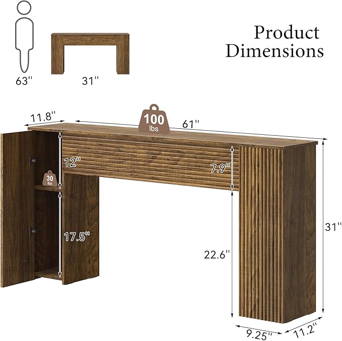 FABATO 61'' Fluted Long Console Table, Wooden Rectangular Sofa Table Behind The Couch, Narrow Entryway Table with 2 Hidden Storage Cabinets for Entrance, Hallway, Living Room, Foyer, Brown