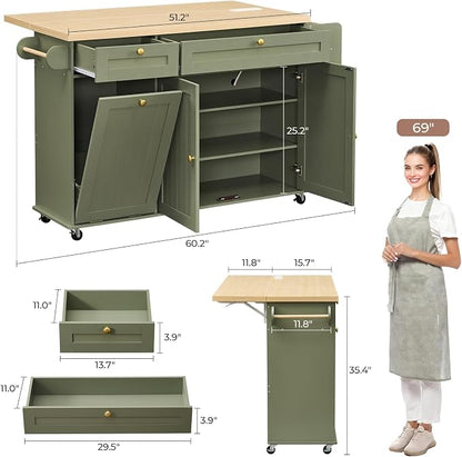 60.2" Kitchen Islands with Storage, Kitchen Island Cart with Trash Can Storage Cabinet, Rolling Kitchen Island Table with Drop Leaf & Power Outlet & Spice Rack & Towel Rack & Knife Holder, Green
