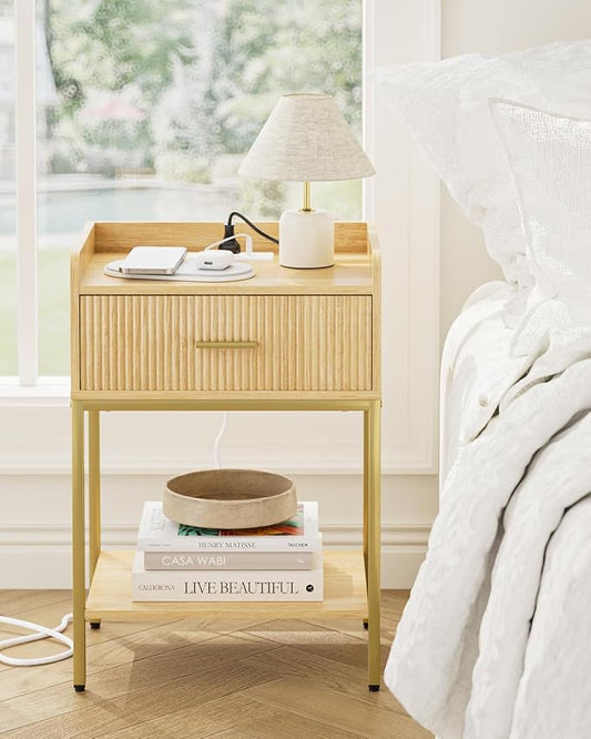 Nightstand with Charging Station, 3-Tier Bed Side Table, Small End Table, Night Standwith Open Shelf and Drawer, Bedside Table for Bedroom, Living Room, Oak