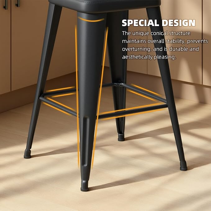Bar Stools Set of 4, 30" Bar Height Bar Stools Backless, Upholstered Bar Stools with Metal Legs for Kitchen Island, Study Room, Cafe, Black