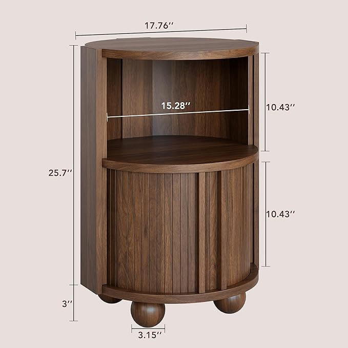 Decofy Modern Round Nightstand with Sliding Doors and 2 Storage Shelves, Modern Bedside End Table,Suitable for Bedroom (Walnut)