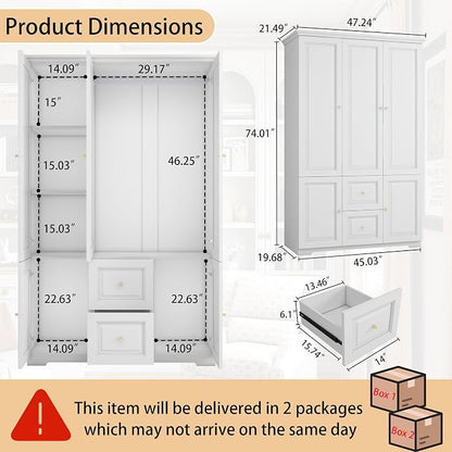Bedroom Armoire Wardrobe Closet with Drawers: White Wardrobe Closet for Hanging Clothes, Large Wardrobes Storage Closets, Wood Closets Cabinets with Doors and Shelves (White, 47")