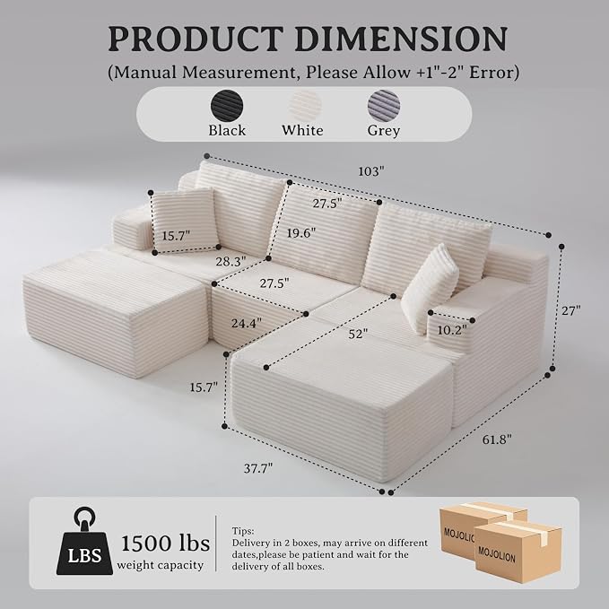 103" Modular Sectional Sofa, Comfort U Shaped Boneless Couch for Living Room, Extra Deep Seats No Assembly, Corduroy (White, 3 Seater + 2 Ottomans）