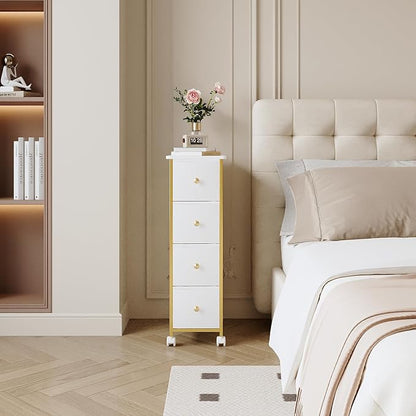 Narrow Storage Cabinet, Narrow Nightstand Dresser with 4 Drawers, Slim Fabric Dresser Storage Tower for Small Spaces, Gold Dresser for Bedroom, Bathroom, Laundry, Closet