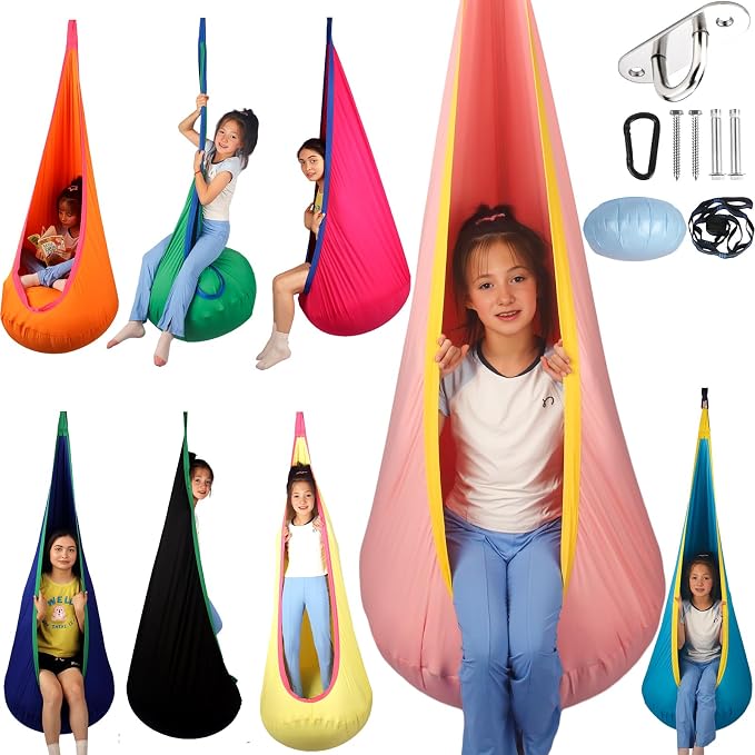 HiCamer Sensory Swing for Kids Indoor and Outdoor Pod Hammock Chair Seat Upgrade Max 300 lbs Hanging Swing with Inflatable Cushion Includes Hardware Hanger Kit for Aspergers Autism ADHD (Pink)