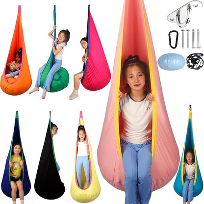 HiCamer Sensory Swing for Kids Indoor and Outdoor Pod Hammock Chair Seat Upgrade Max 300 lbs Hanging Swing with Inflatable Cushion Includes Hardware Hanger Kit for Aspergers Autism ADHD (Pink)