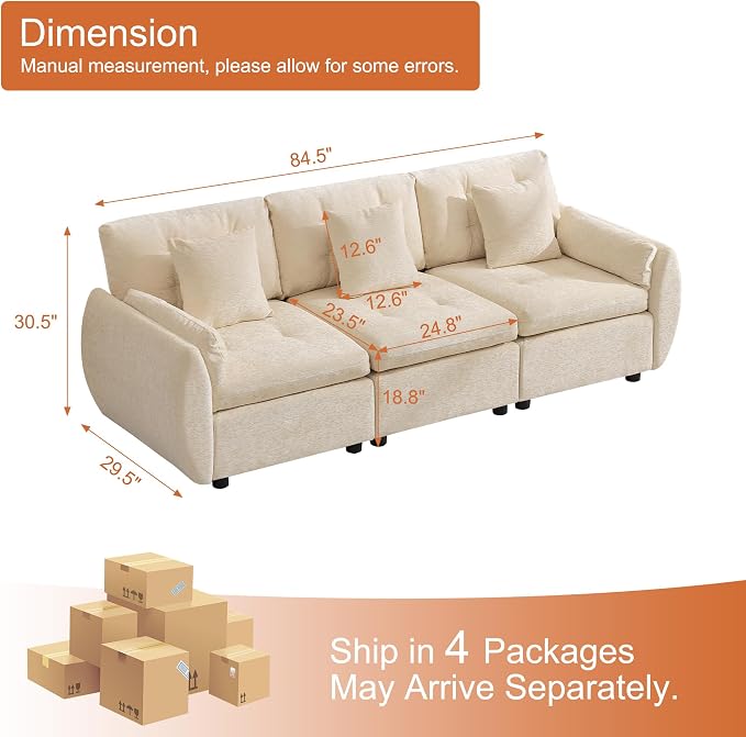 84" Modular Cloud Sofa, Deep Seat Tufted Chenille 3-Seater Sectional Couch with Curved Arms, Comfy Sofas for Living Room, Beige